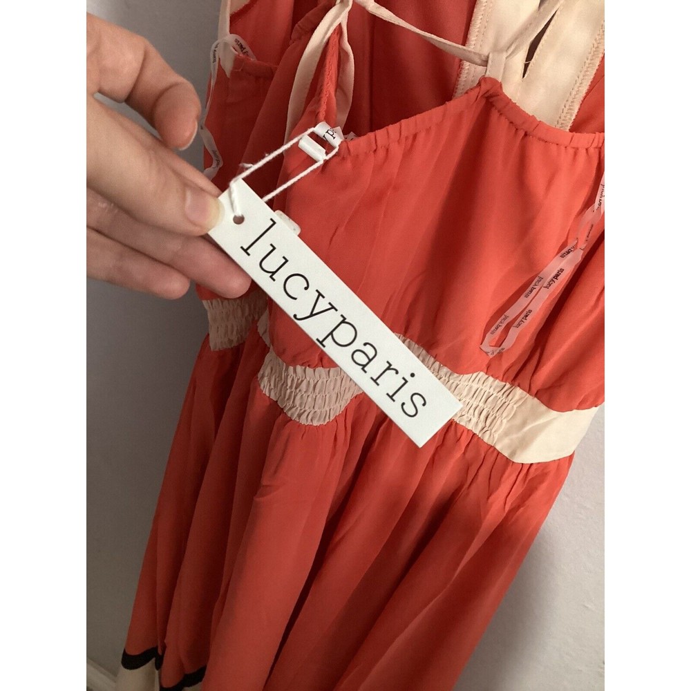 LUCY PARIS Maxi Dress Orange Cream ColorBlock halter spaghetti straps Sz L - Picture 9 of 11